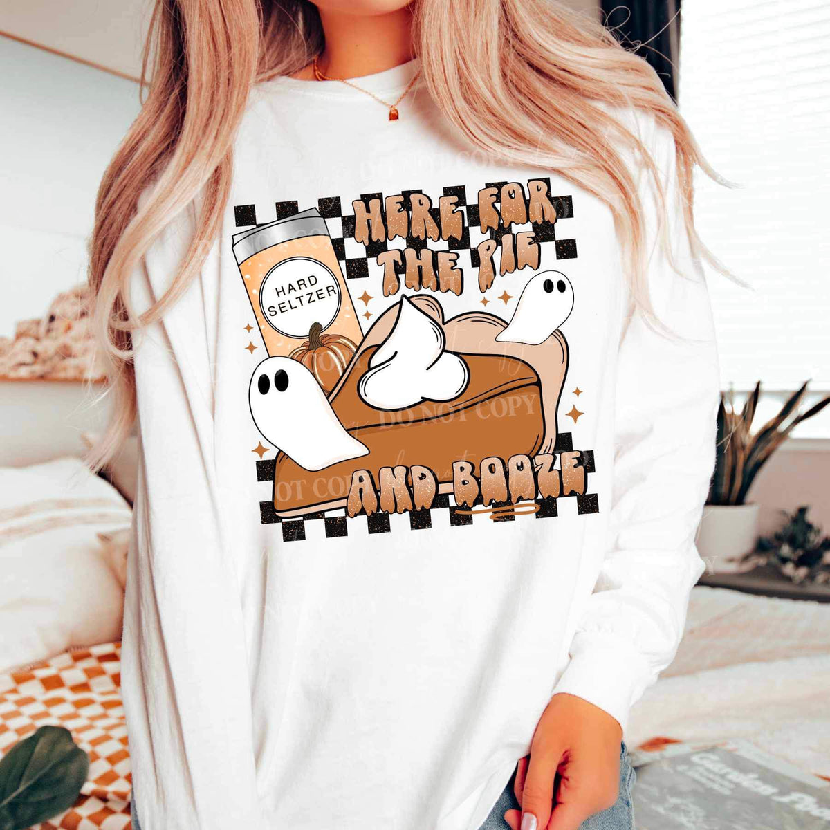 Here for the pie and booze (pumpkin pie, ghost, hard seltzer, checkered print) 16219 DTF Transfer
