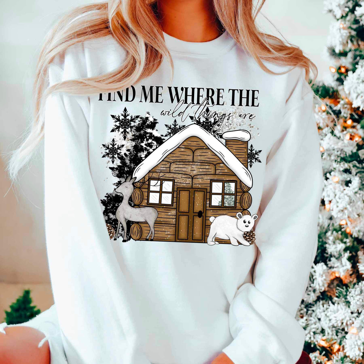 Find me where the wild things are (cabin with deer, bear, trees) 16211 DTF Transfer