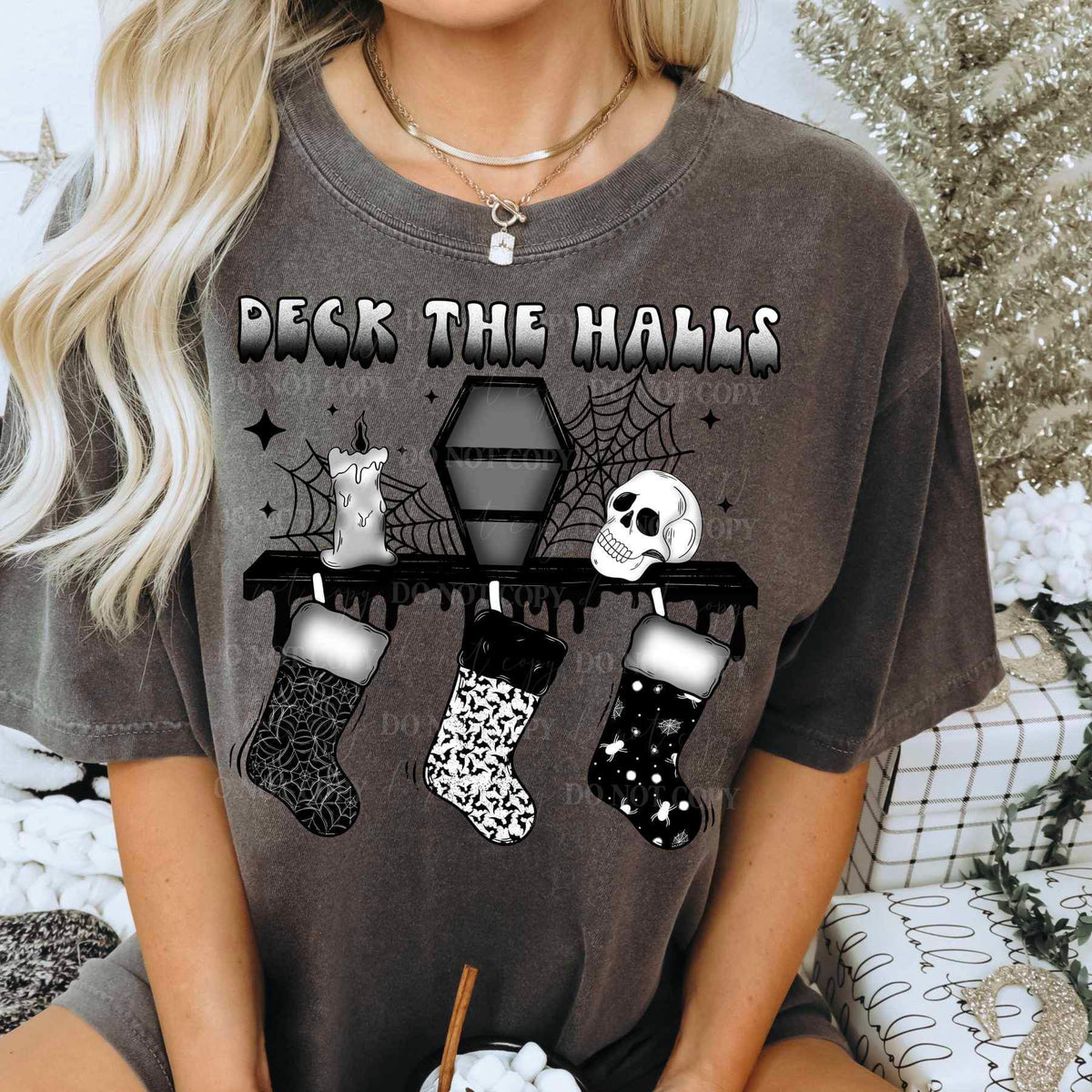 Deck the halls (black font with spooky fireplace and stockings) 16207 DTF Transfer