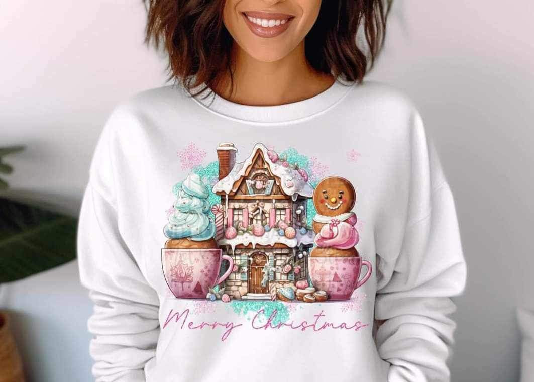 Merry Christmas (pink font with cupcakes and gingerbread house) 16215 DTF Transfer