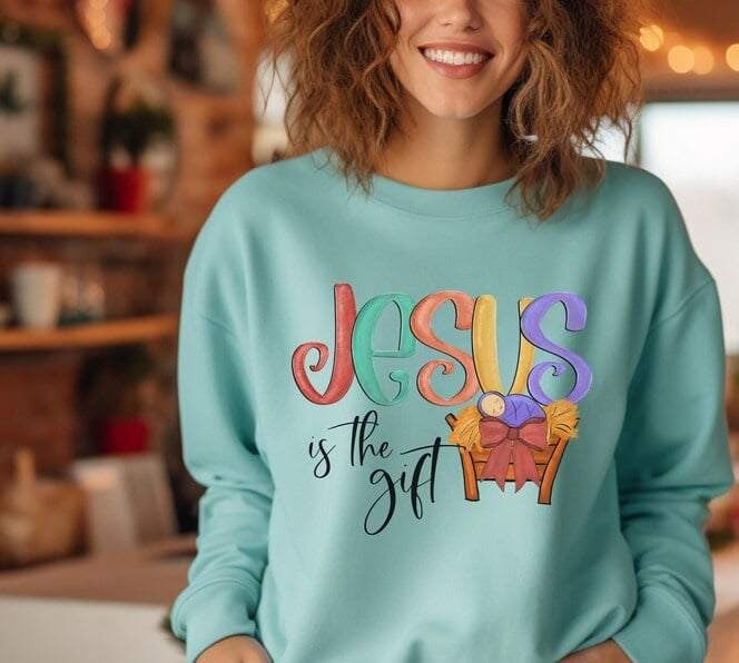 Jesus is the gift colorful and black font 64274 DTF transfer