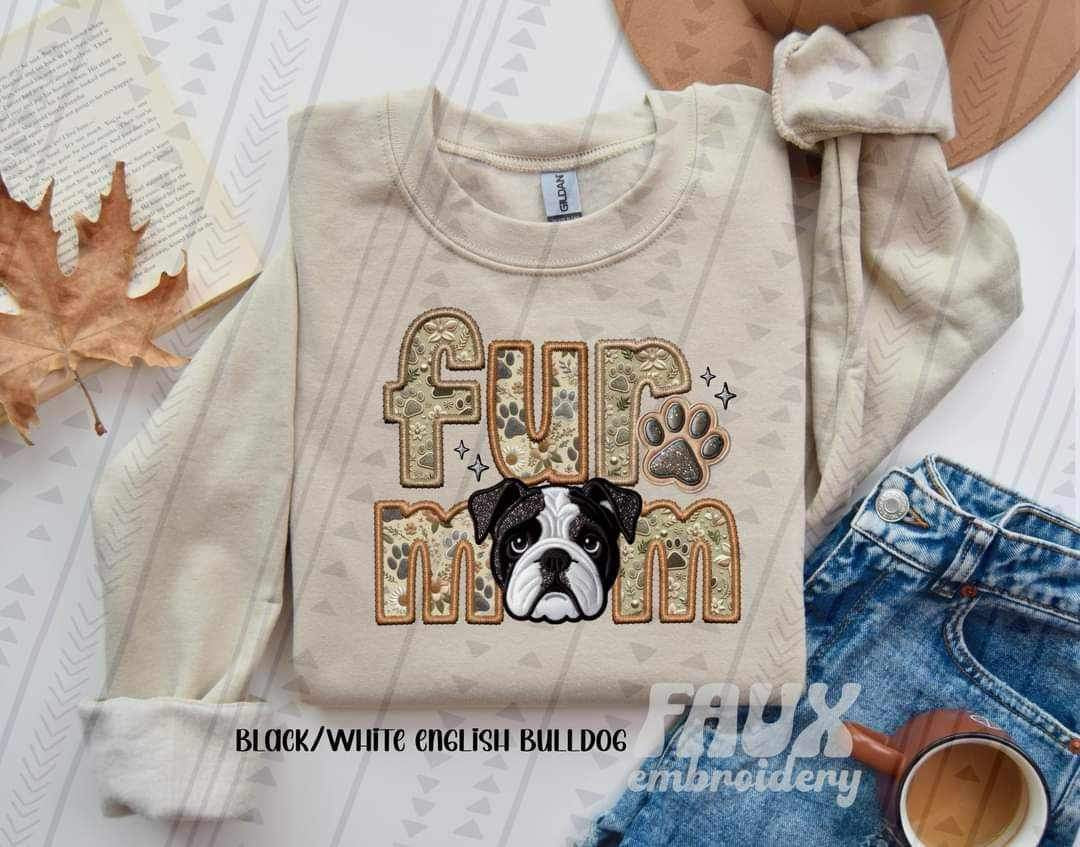 Black white english bulldog fur mom faux embroidery 21647 DTF transfer