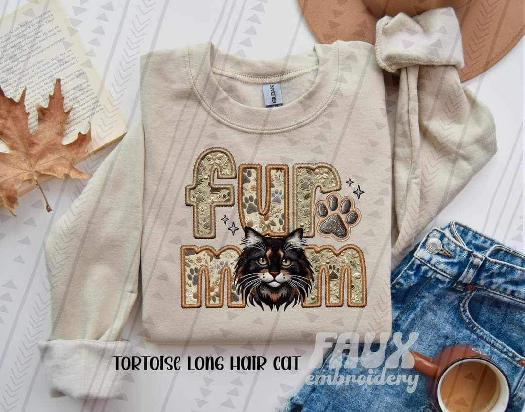 Tortoise long hair cat fur mom faux embroidery 21642 DTF transfer