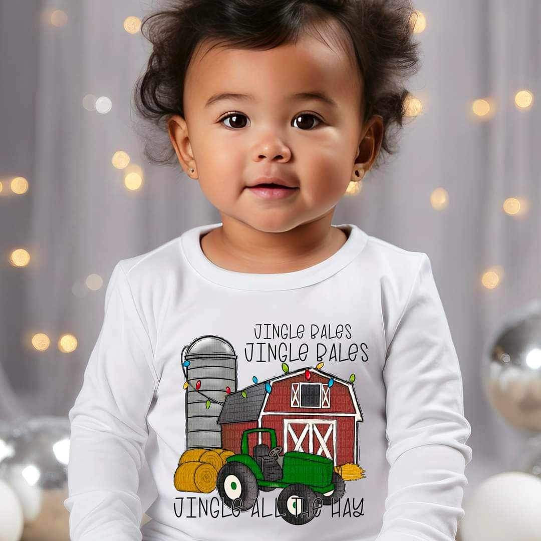 Jingle bales jingle bales jingle all the hay (green tractor, hay, barn) 16360 DTF Transfer