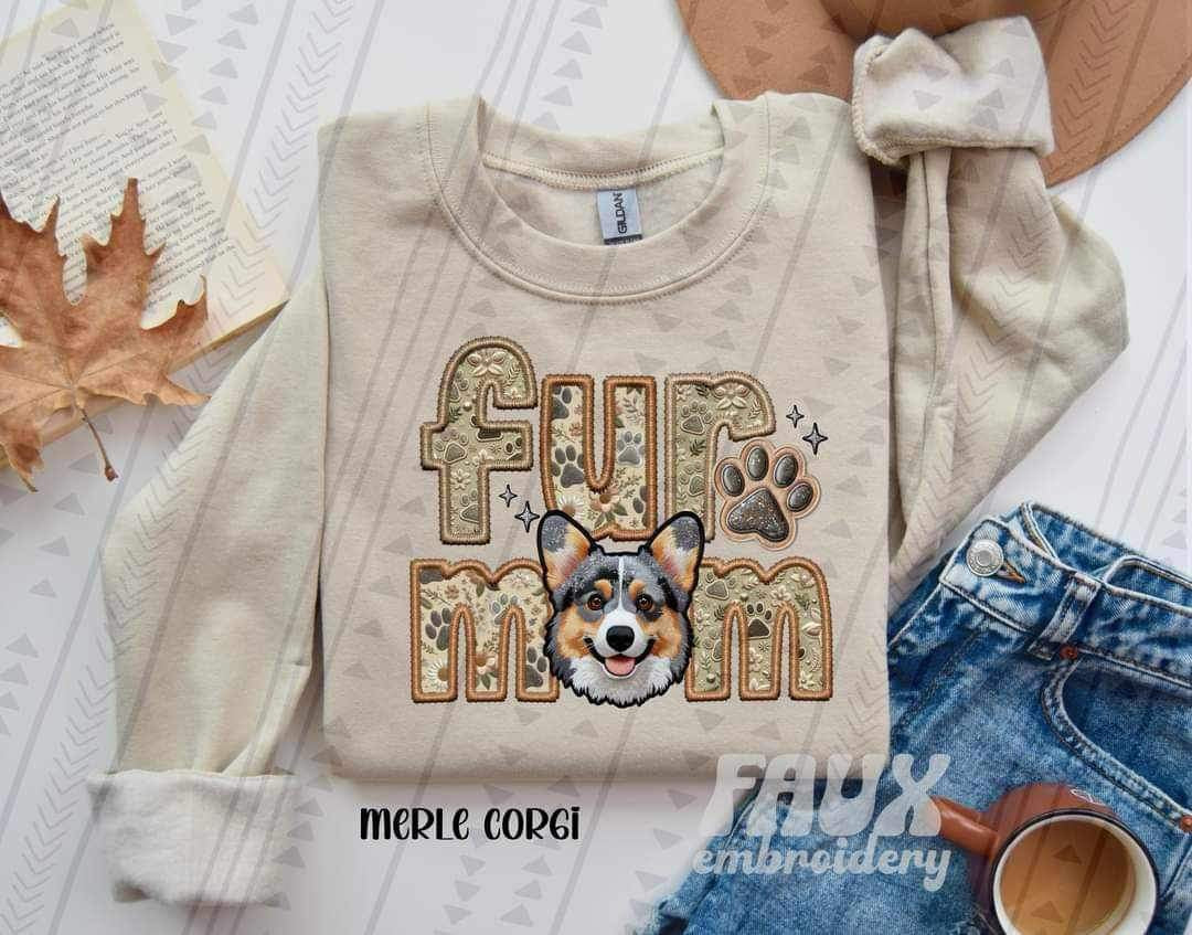 Merle corgi fur mom faux embroidery 21641 DTF transfer