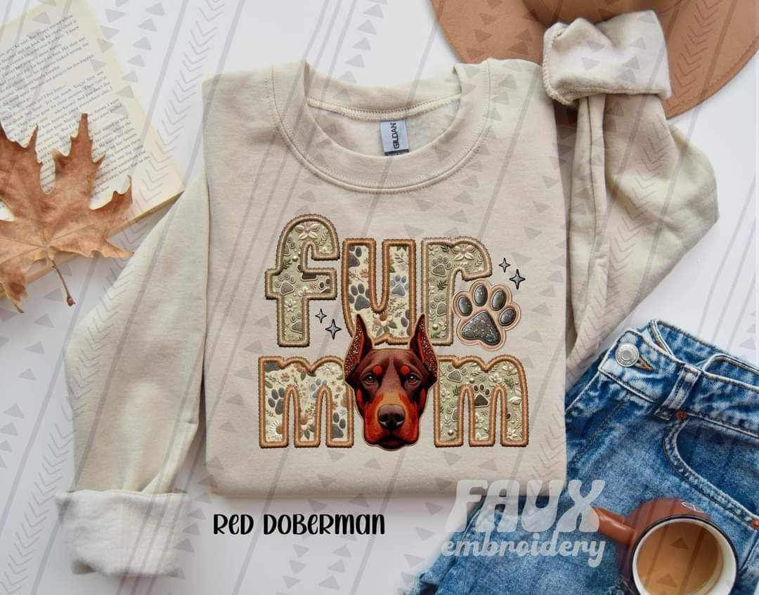 Red doberman fur mom faux embroidery 21640 DTF transfer