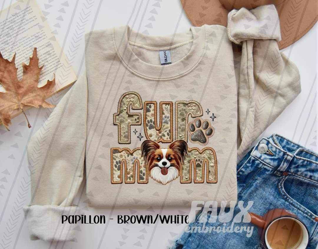 Brown white Papillon fur mom faux embroidery 21639 DTF transfer