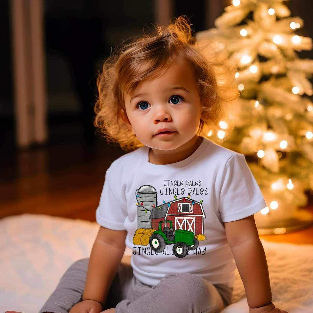 Jingle bales jingle bales jingle all the hay (green tractor, hay, barn) 16360 DTF Transfer