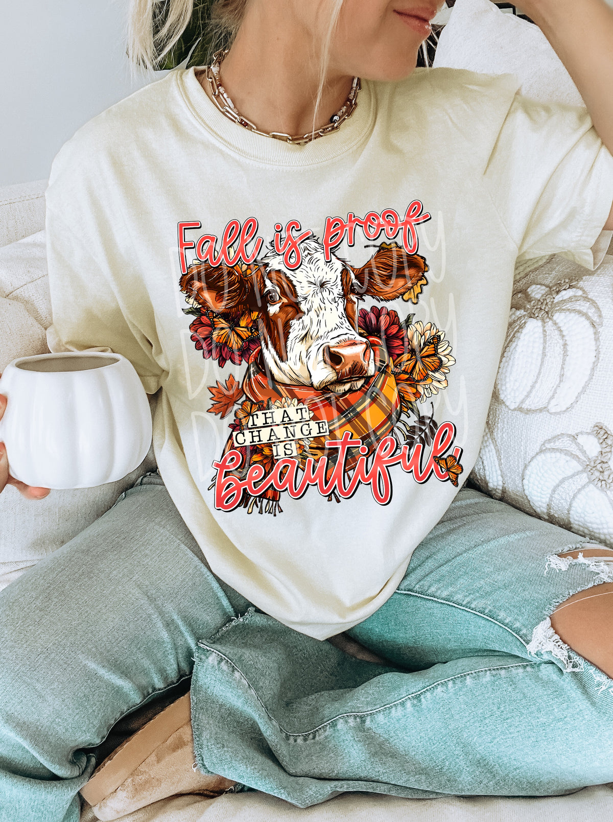 Fall is proof change is beautiful cow pink font DTF transfer