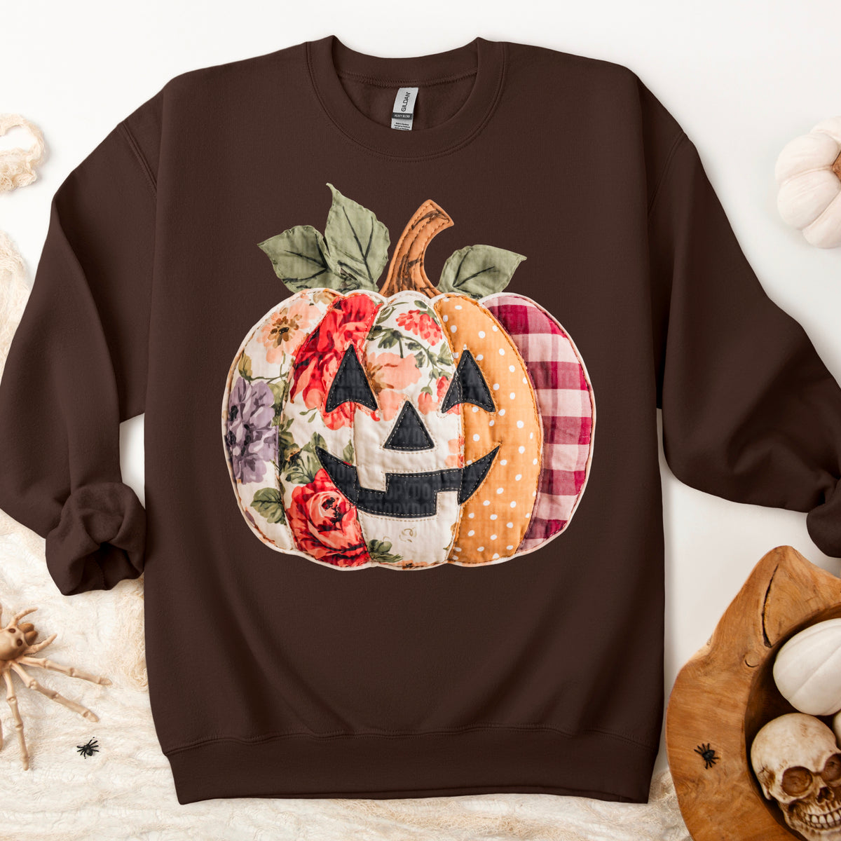 Faux Fabric pumpkin with face and patchwork (with plaid and florals) DTF transfer