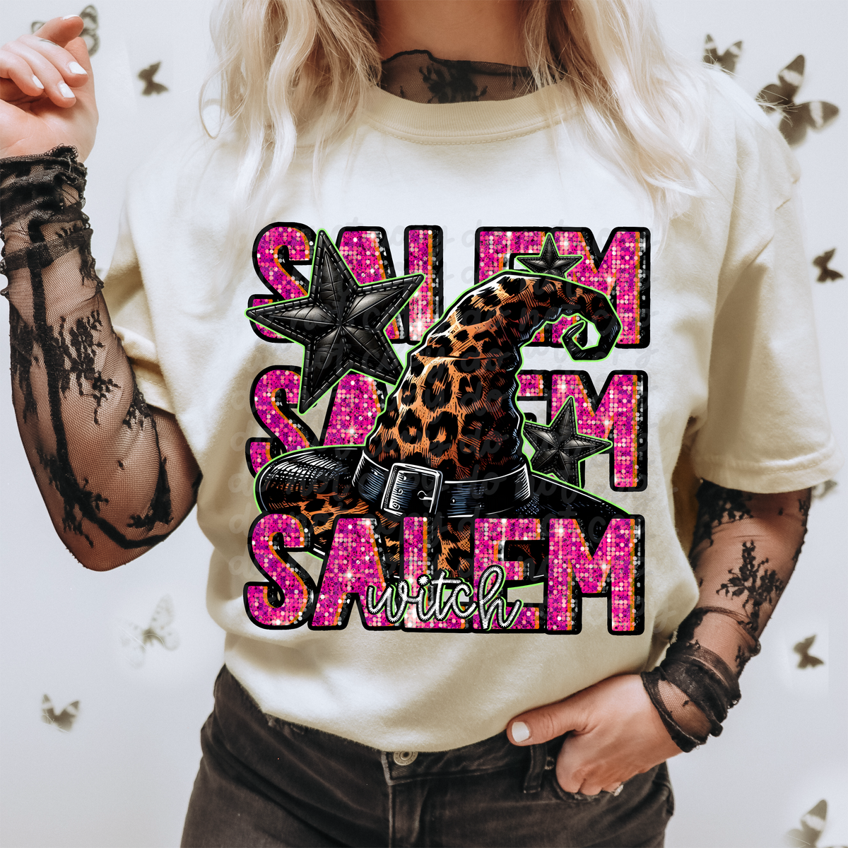 Salem witch stacked pink font leopard hat DTF TRANSFER
