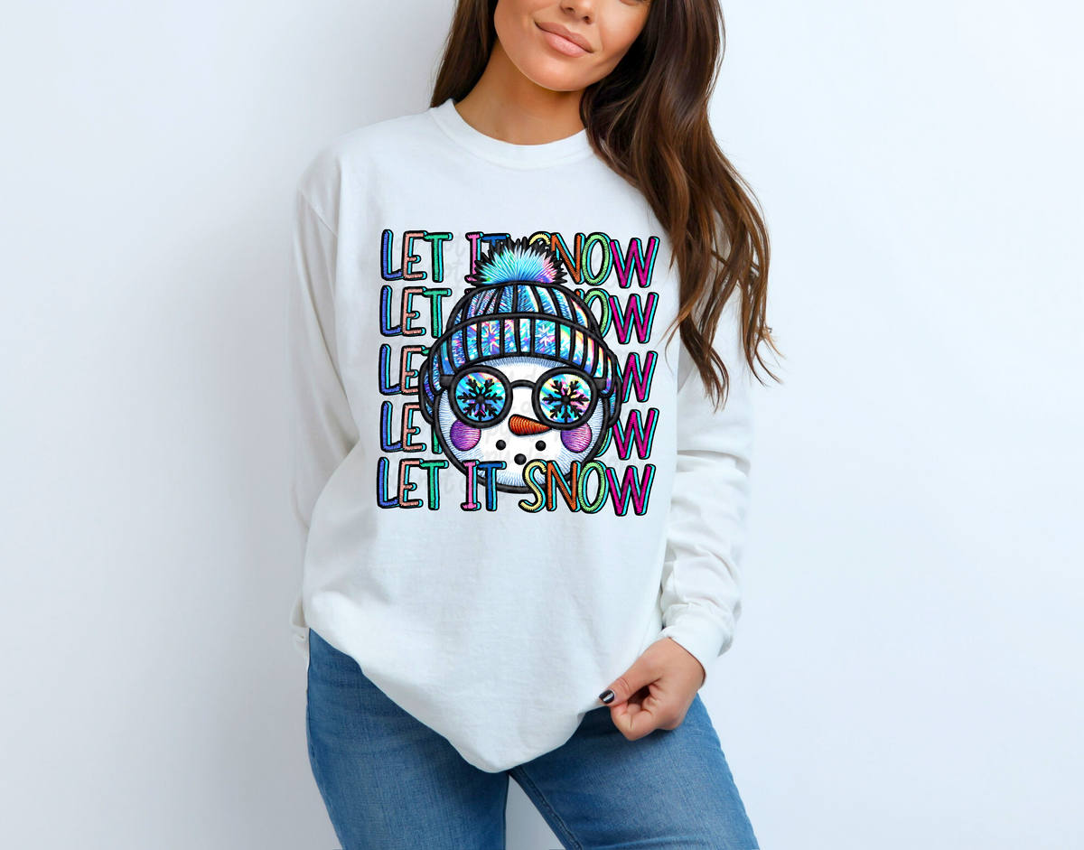 Let it snow stacked with snowman faux embroidery DTF TRANSFER