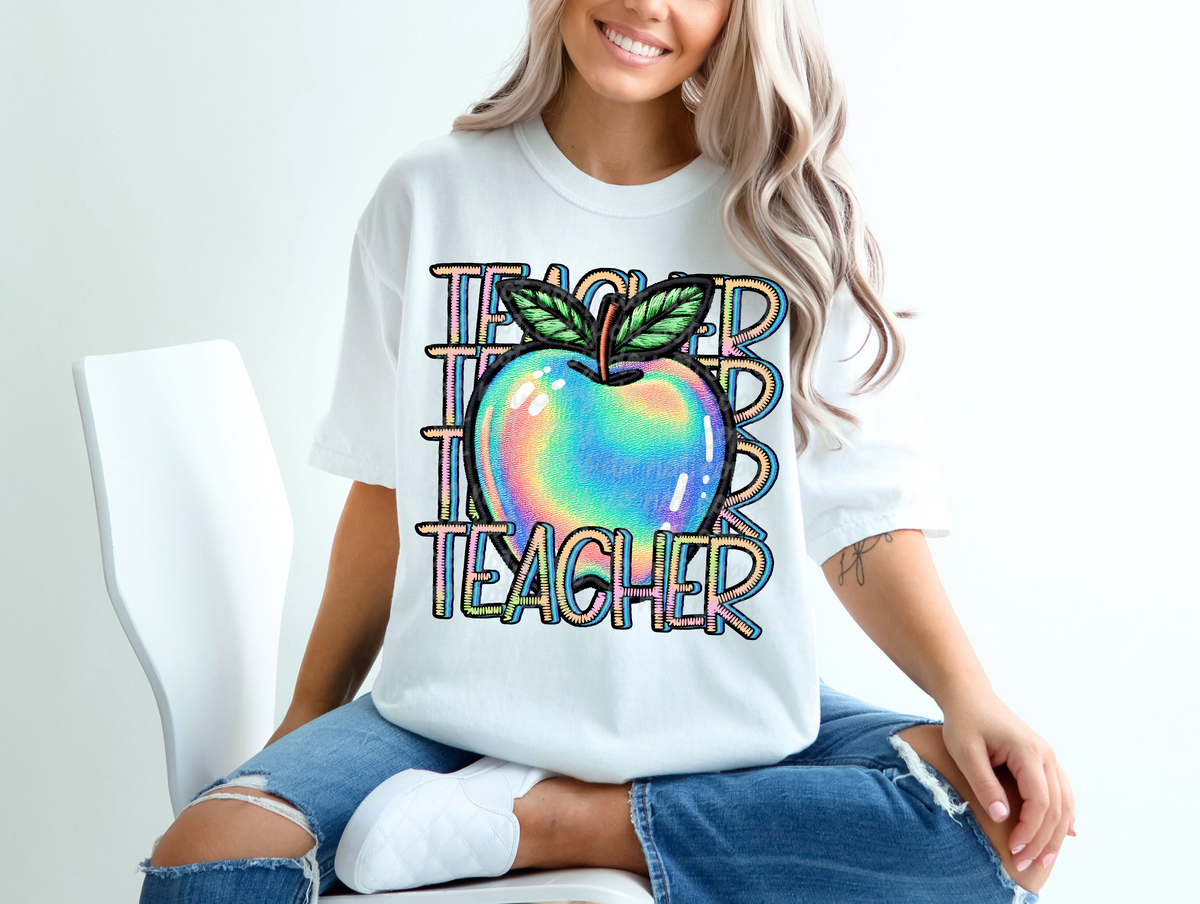 Teacher stacked large apple holographic DTF TRANSFER