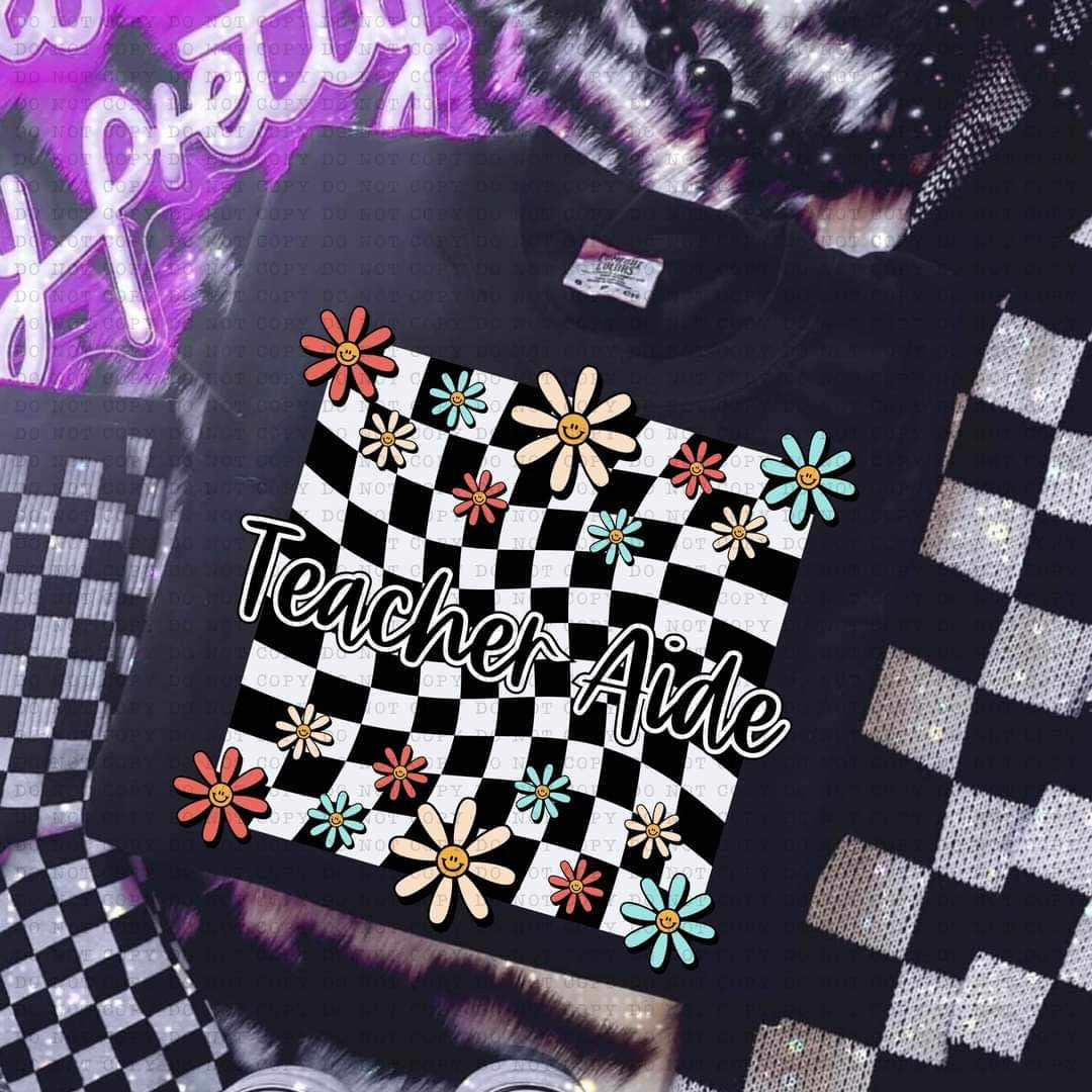 Teacher aide white checkered with flowers (ECHT) 32175 DTF transfer