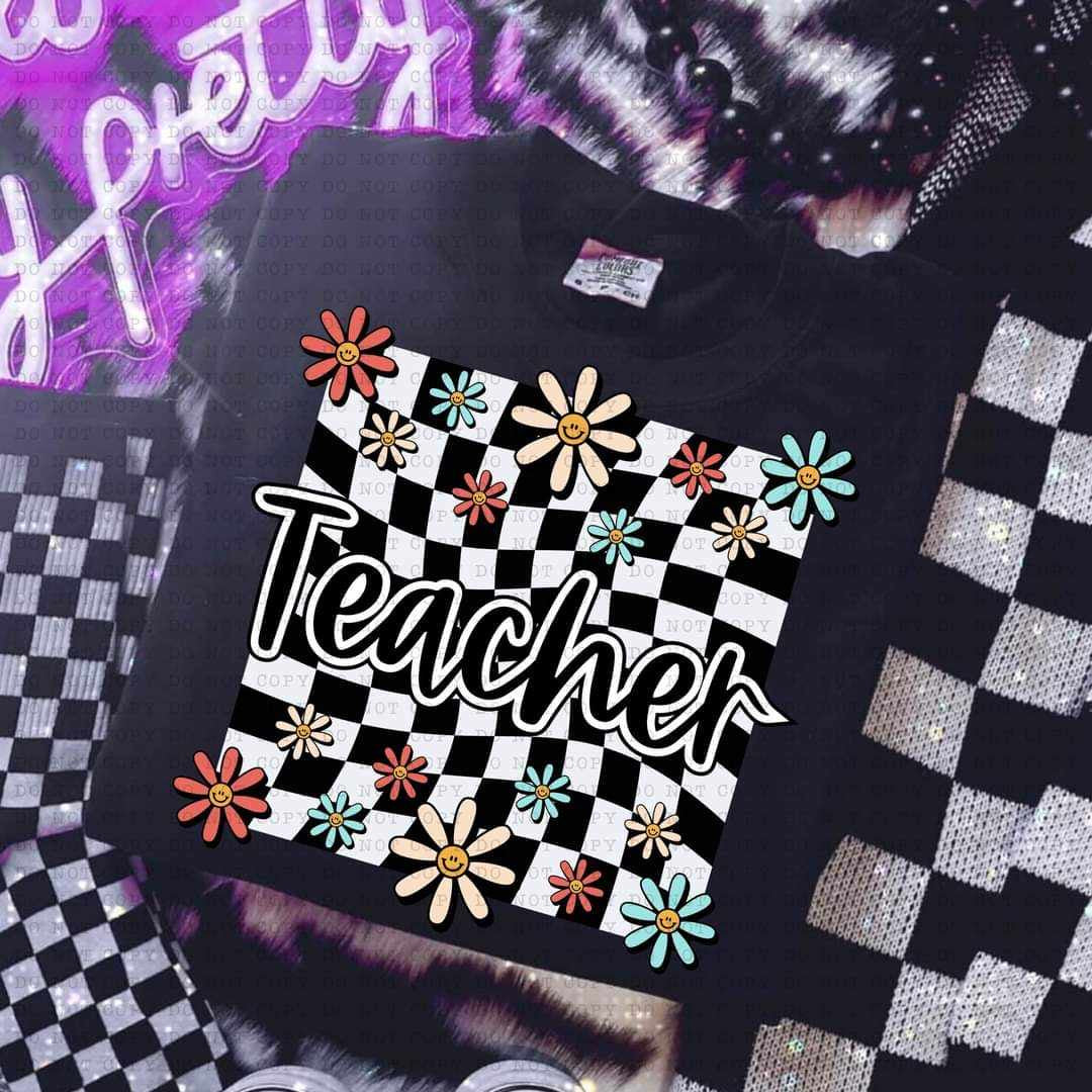 Teacher white checkered with flowers (ECHT) 32174 DTF transfer