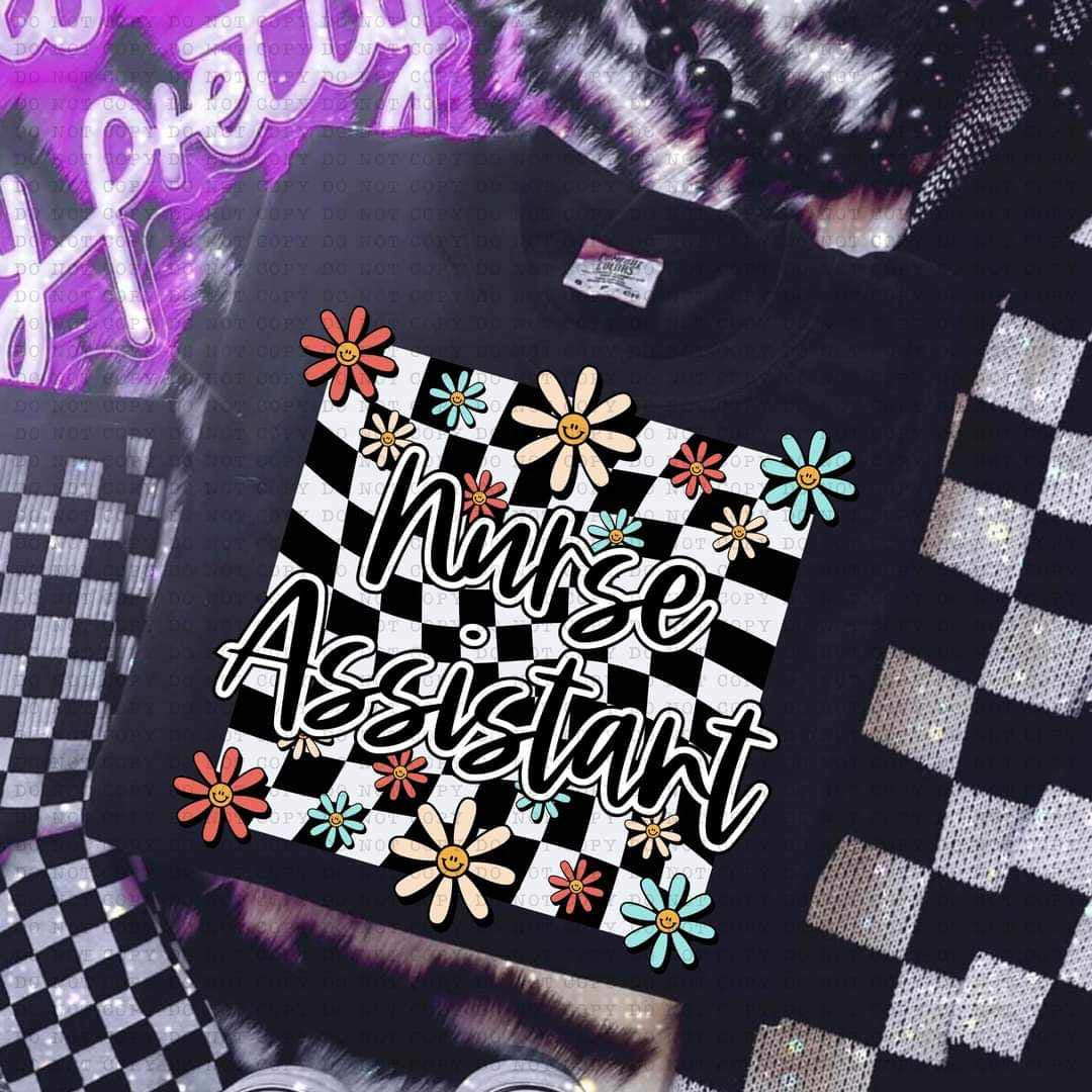 Nurse assistant white checkered with flowers (ECHT) 32172 DTF transfer