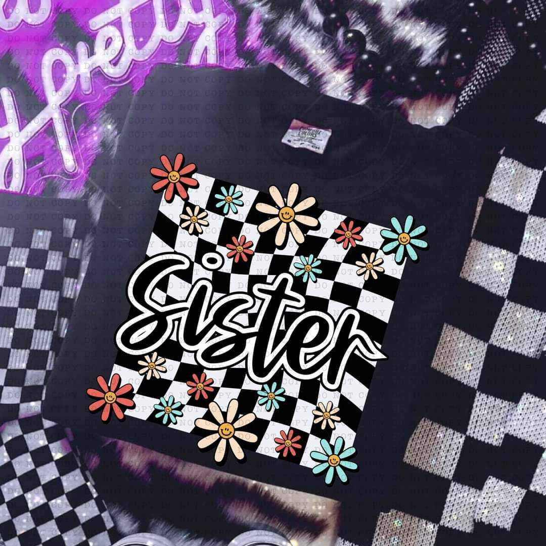 Sister white checkered with flowers (ECHT) 32153 DTF transfer