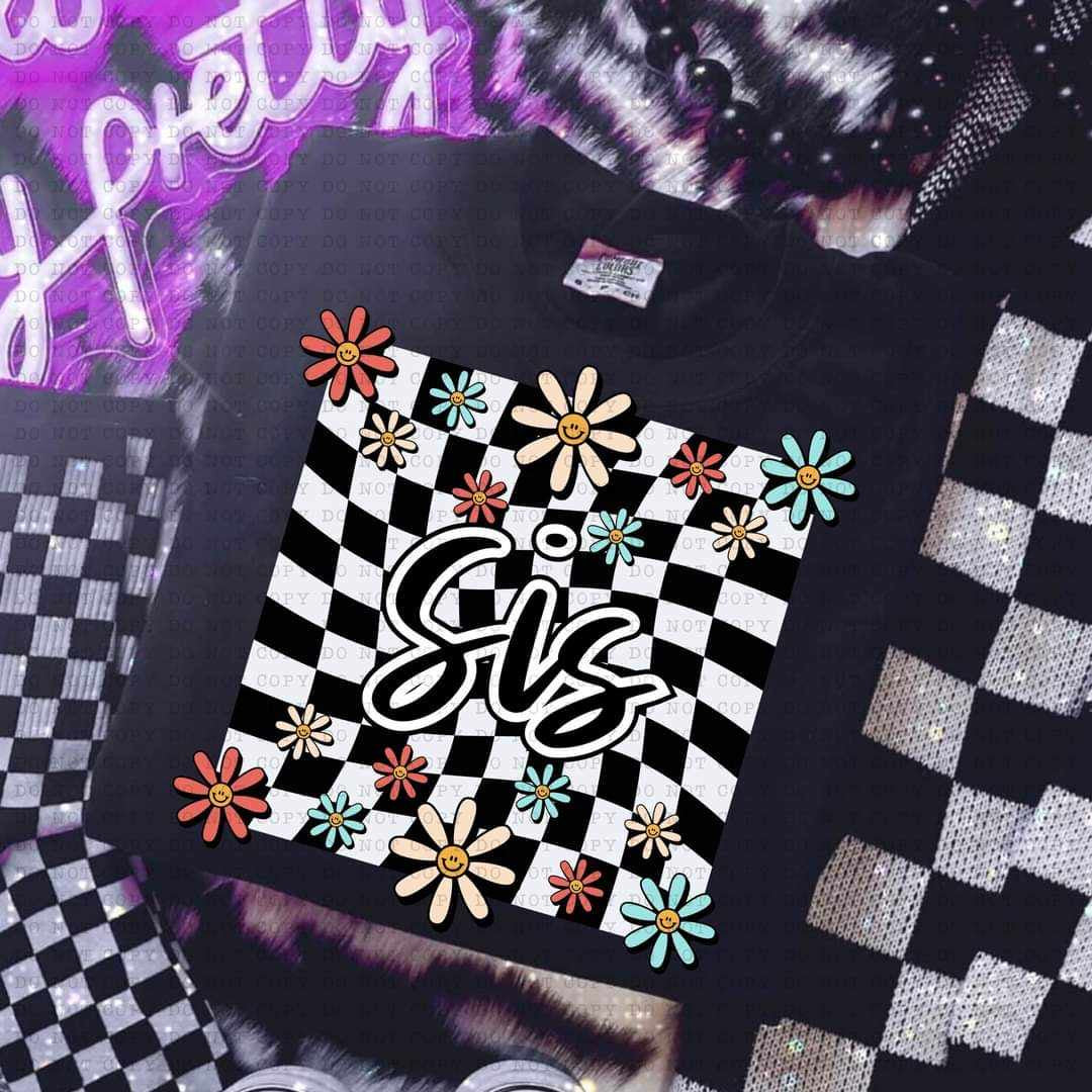 Sis white checkered with flowers (ECHT) 32151 DTF transfer