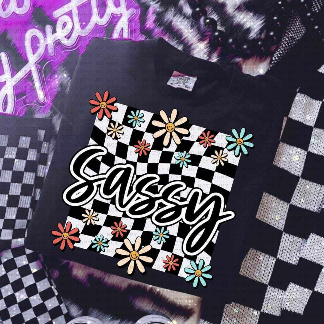 Sassy white checkered with flowers (ECHT) 32152 DTF transfer
