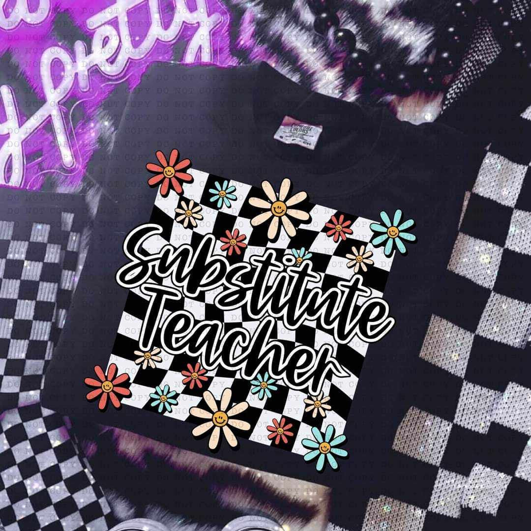 Substitute teacher white checkered with flowers (ECHT) 32161 DTF transfer