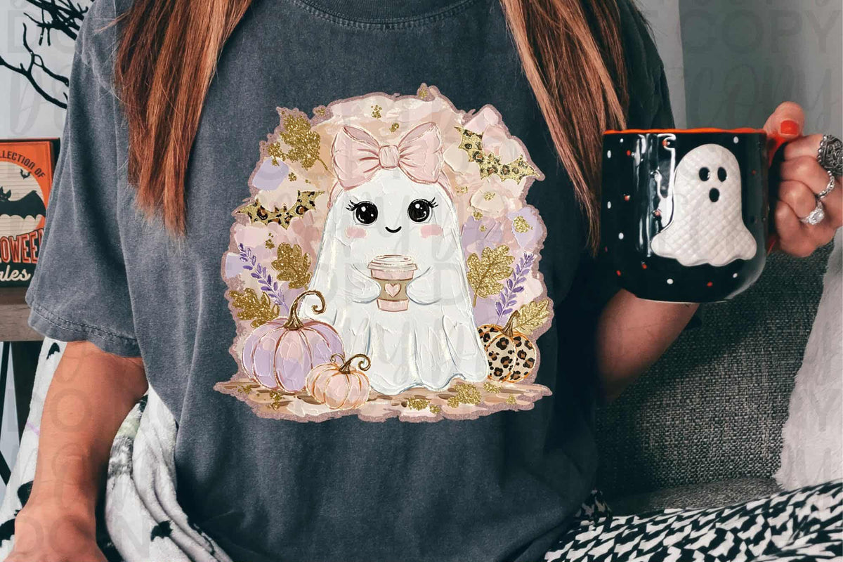 Cute ghost with coffee and bow (sweet starlight) DTF transfer