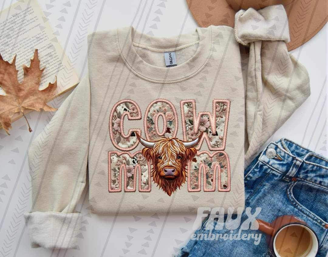 Cow mom faux embroidery PINK 23052 DTF transfer