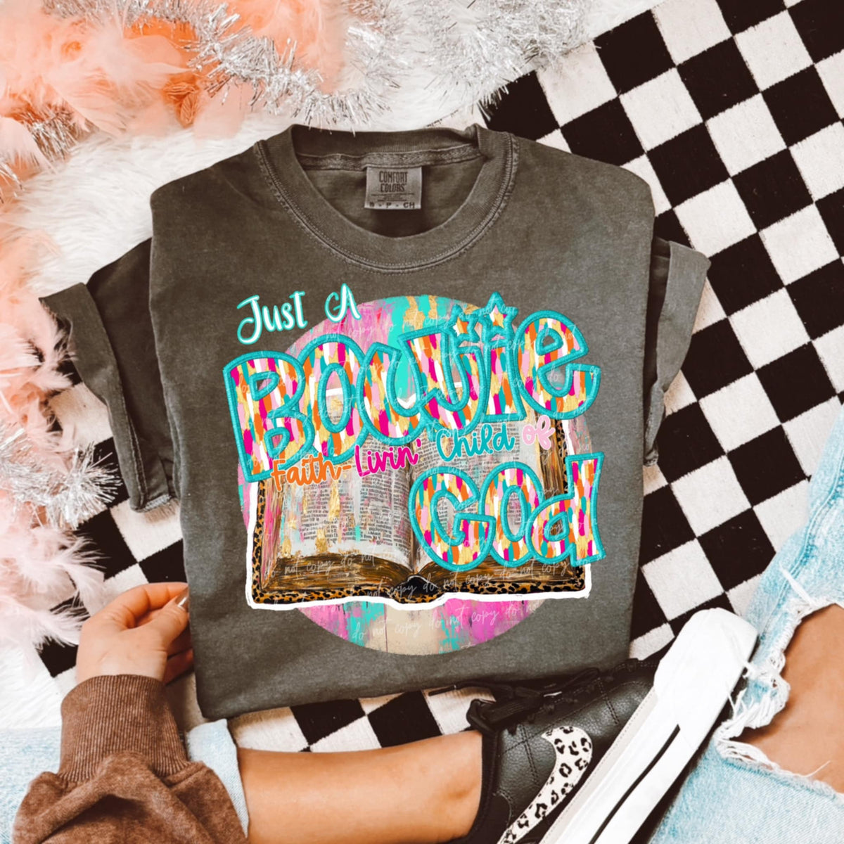 Just a bougie faith loving child of god colorful font (VIRGO) 93300 DTF transfer