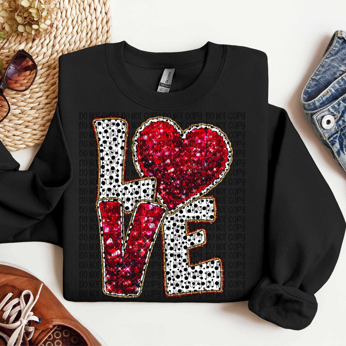 Love stacked red glitter heart and E (VP) 80741 DTF transfer