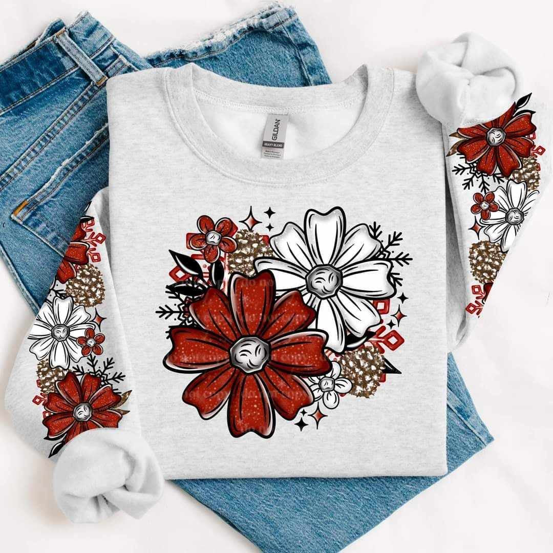 Flowers and snowflakes red and white FRONT (CSC) 64702 DTF transfer