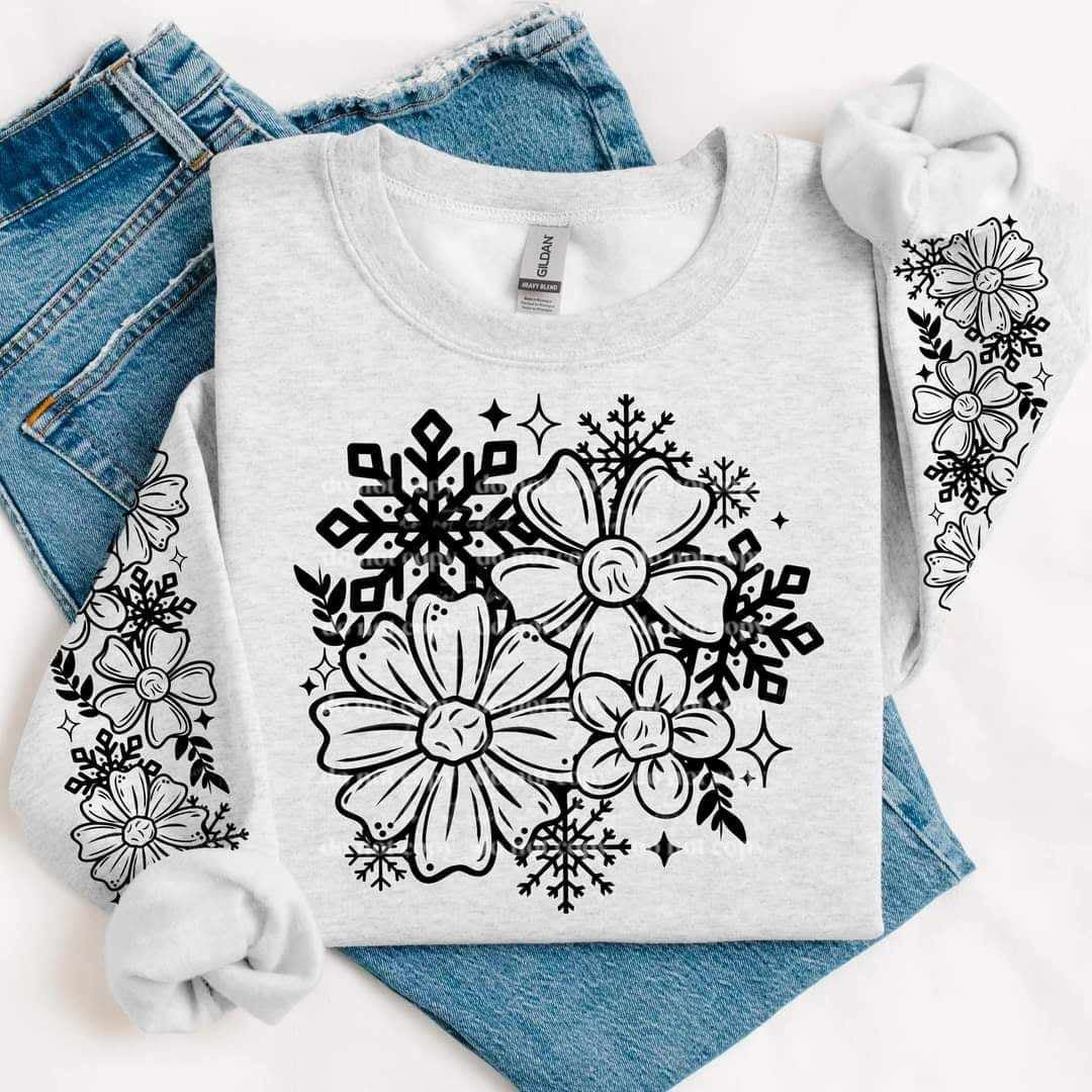 Flowers and snowflakes BLACK front only (CSC) 64698 DTF transfer