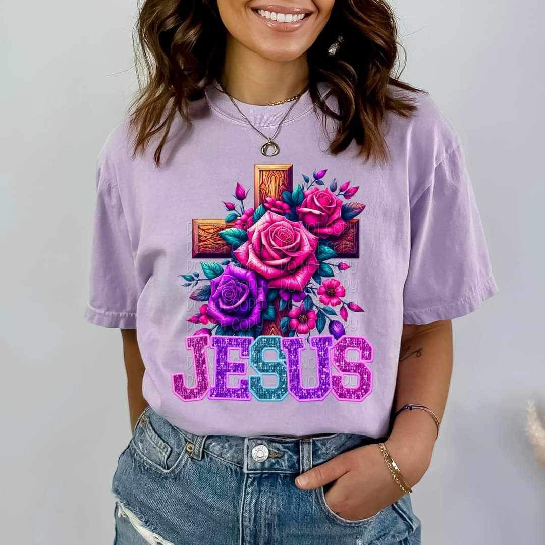 Jesus embroidery with floral cross 23096 DTF transfer