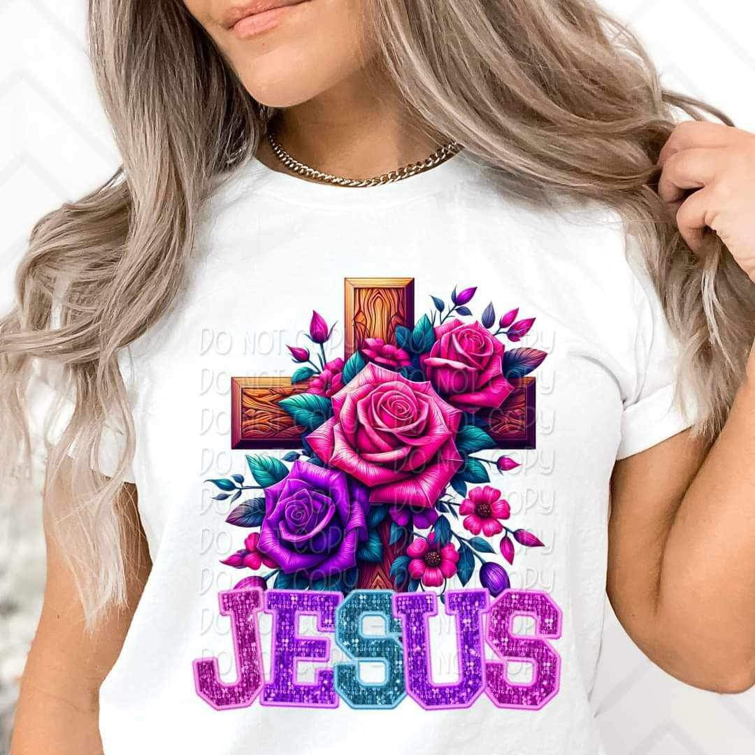 Jesus embroidery with floral cross 23096 DTF transfer