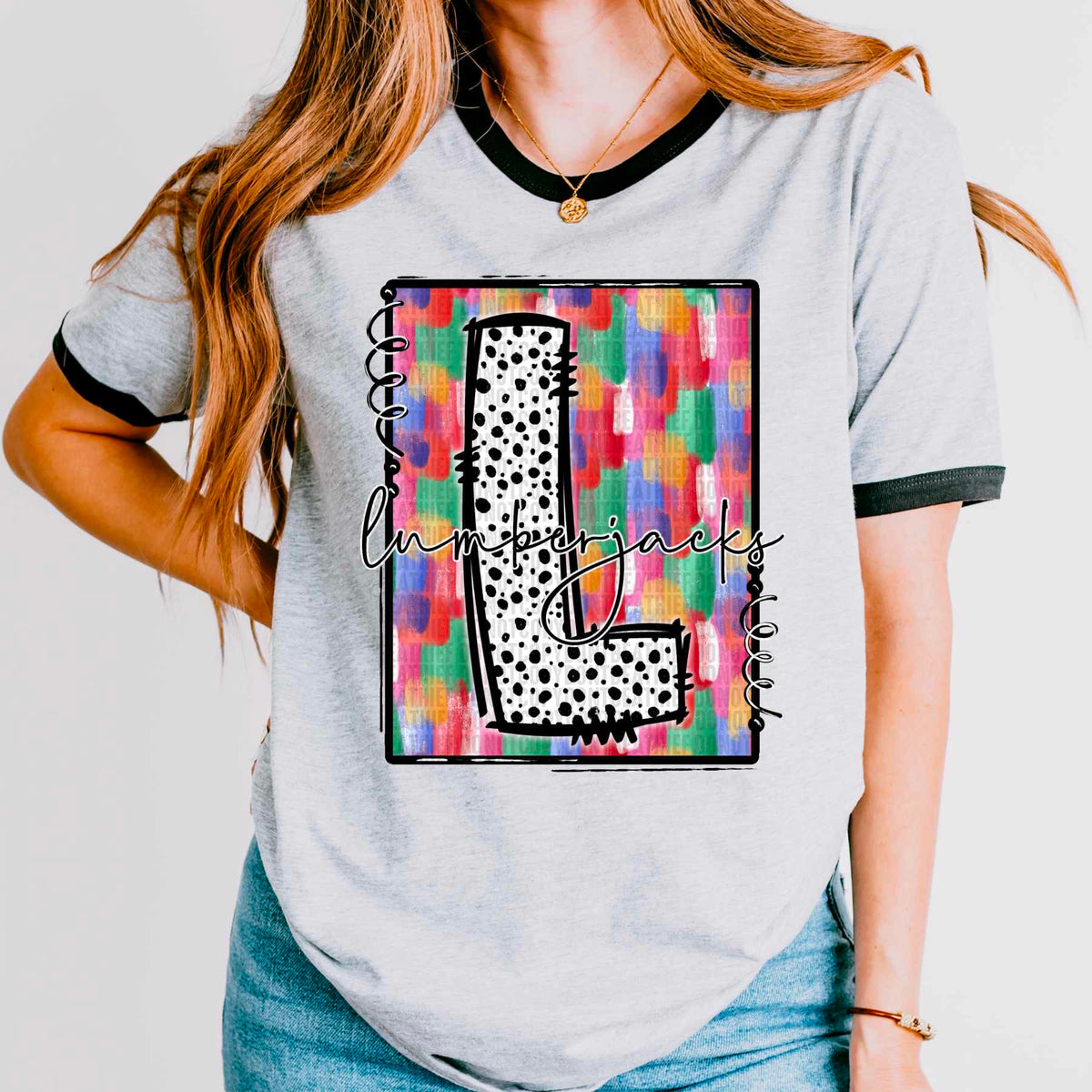 L lumberjack dotted font brush stroke background 32301 DTF transfer