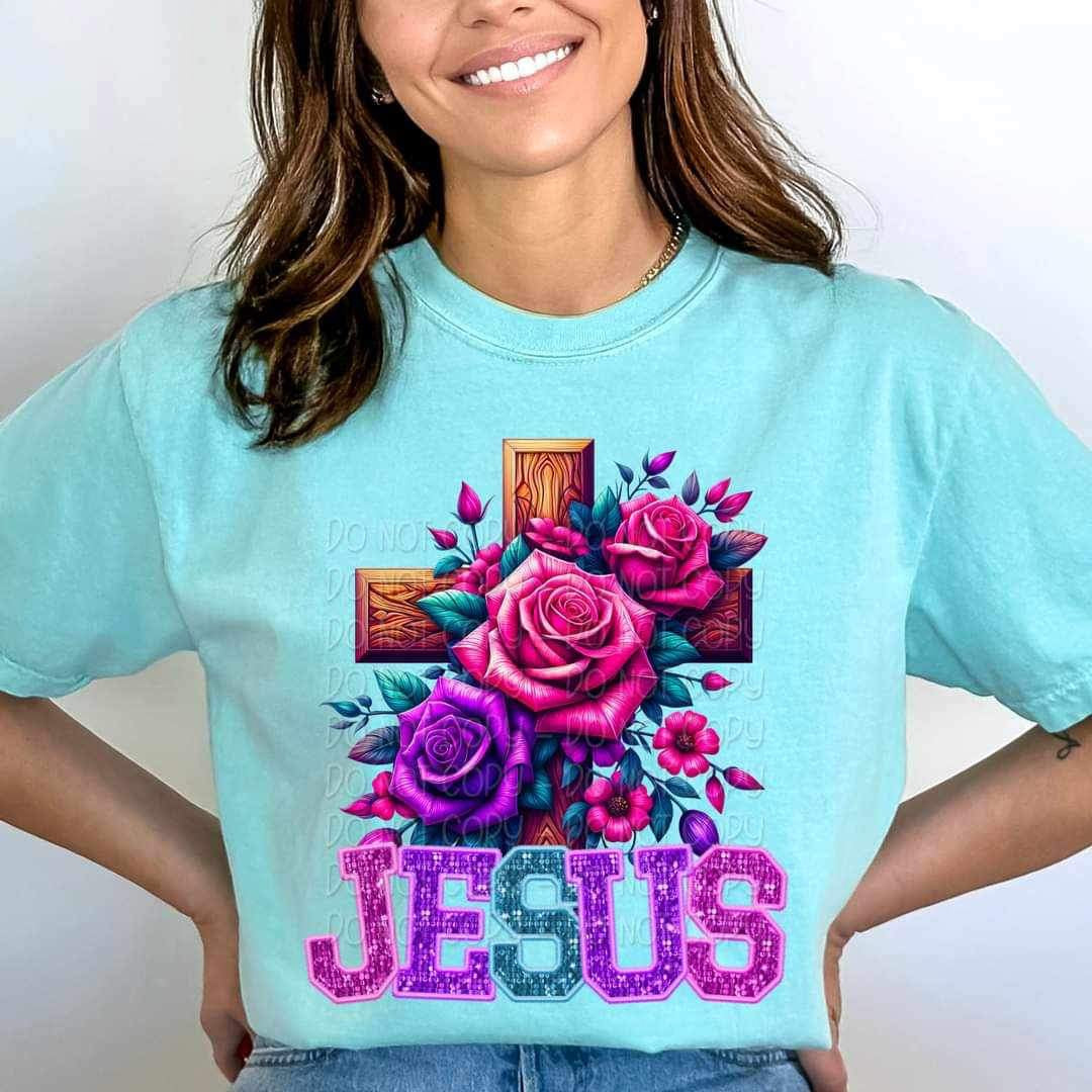 Jesus embroidery with floral cross 23096 DTF transfer
