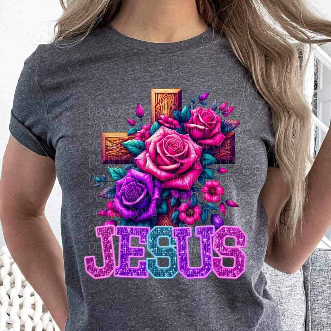 Jesus embroidery with floral cross 23096 DTF transfer