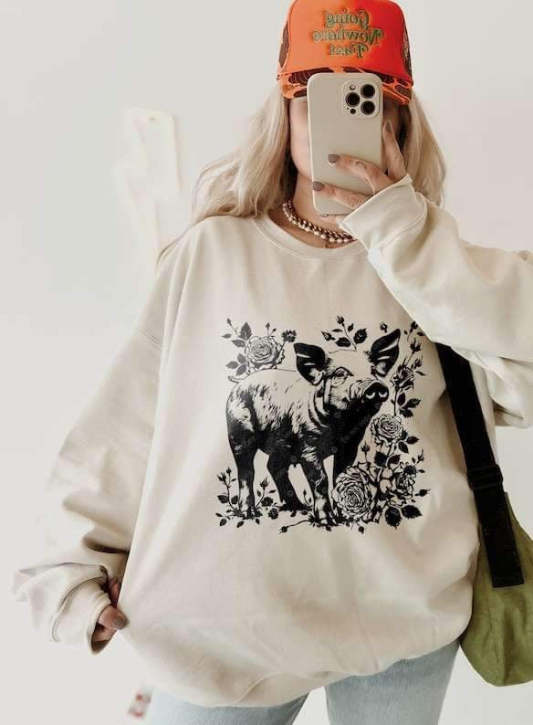 Pig with flowers BLACK 23135 DTF transfer