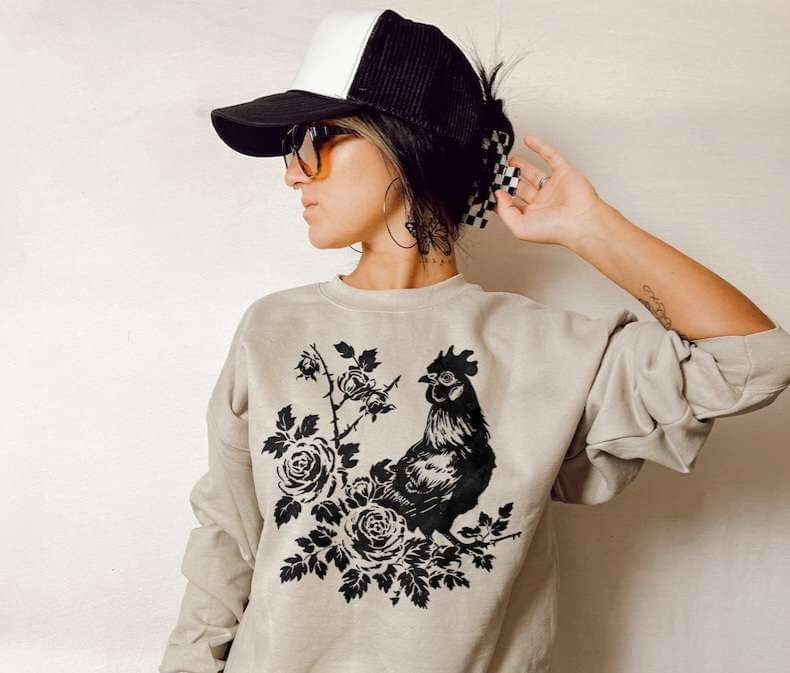 Chicken sitting on floral branch BLACK 23134 DTF transfer