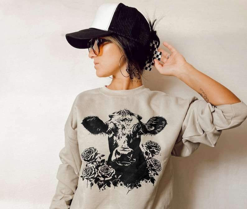 cow with flowers BLACK 23131 DTF transfer