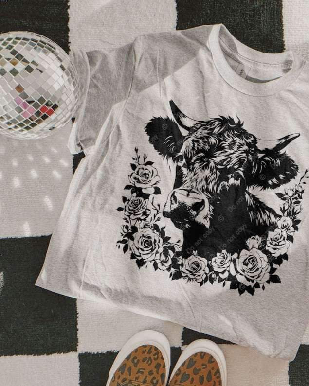 Shaggy cow with flowers BLACK 23130 DTF transfer