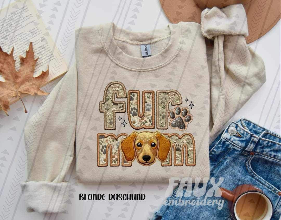 Blonde dachshund fur mom faux embroidery 23162 DTF transfer
