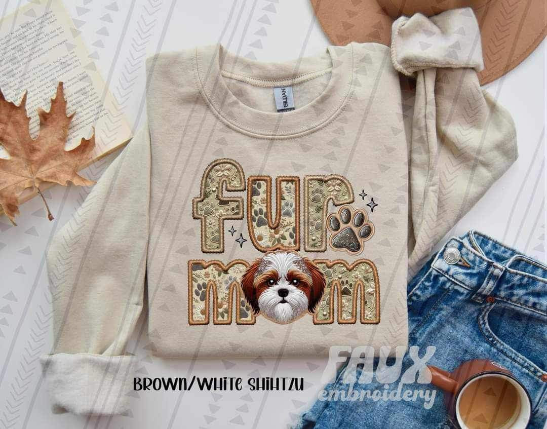 Brown white shihtzu fur mom faux embroidery 23158 DTF transfer