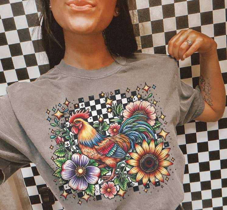 Chicken with checkered background COLOR 32365 DTF transfer