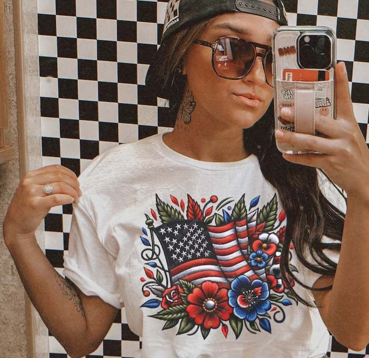 Flag with red and blue flowers GREEN LEAVES 32426 DTF transfer