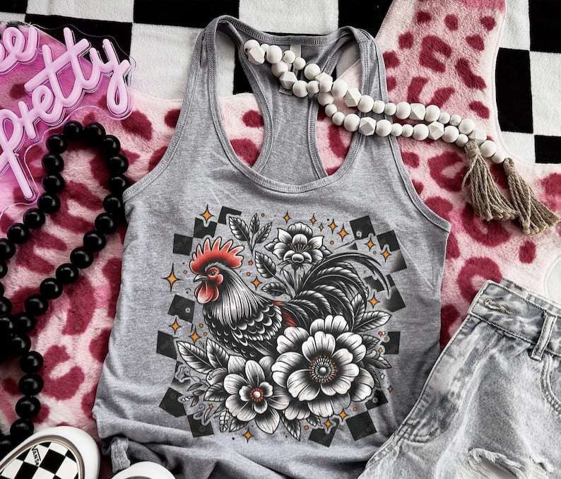 Chicken with checkered background 32364 DTF transfer