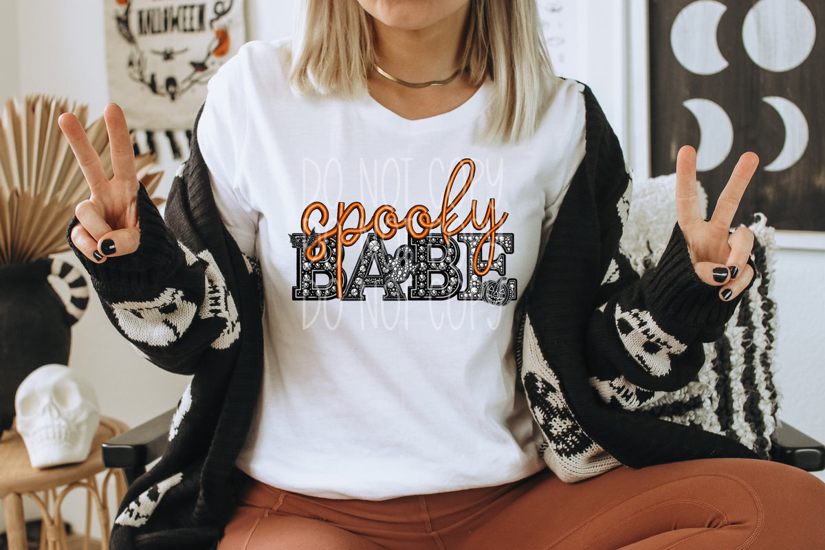 Spooky babe orange font and black sequin DTF transfer