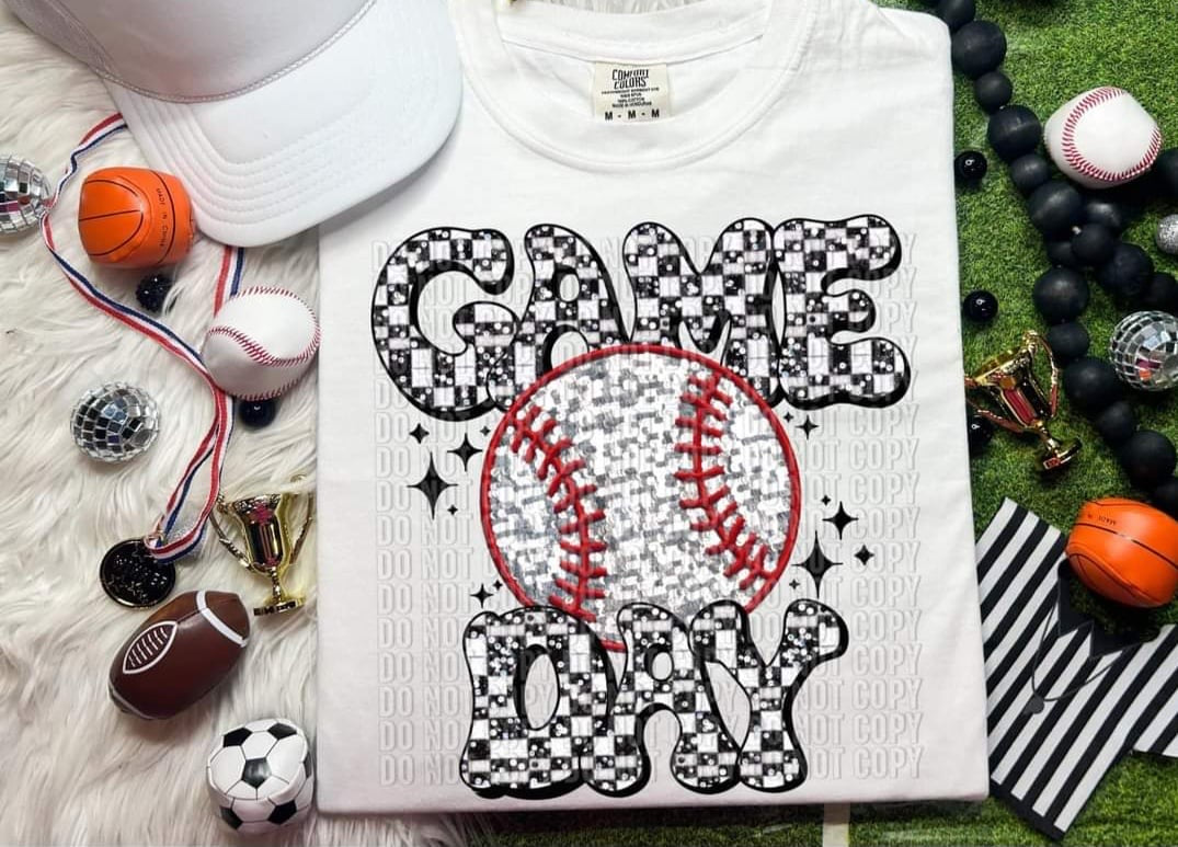 Game day baseball sequin checkered font (CRAFTI) 50002 DTF transfer