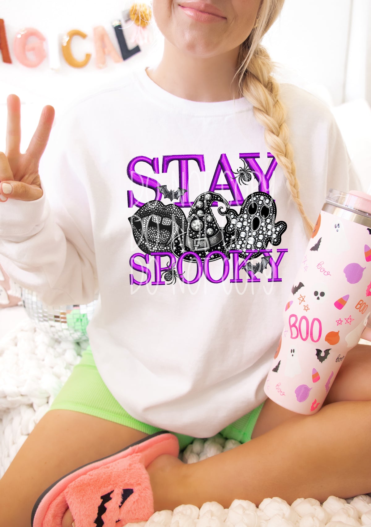 Stay spooky purple font vampire lips witch hat and ghost sequin DTF transfer