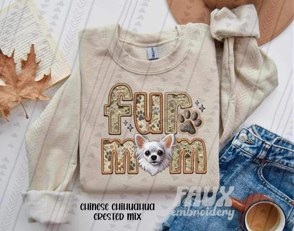 Chinese chihuahua crested mix fur mom faux embroidery 23236 DTF transfer