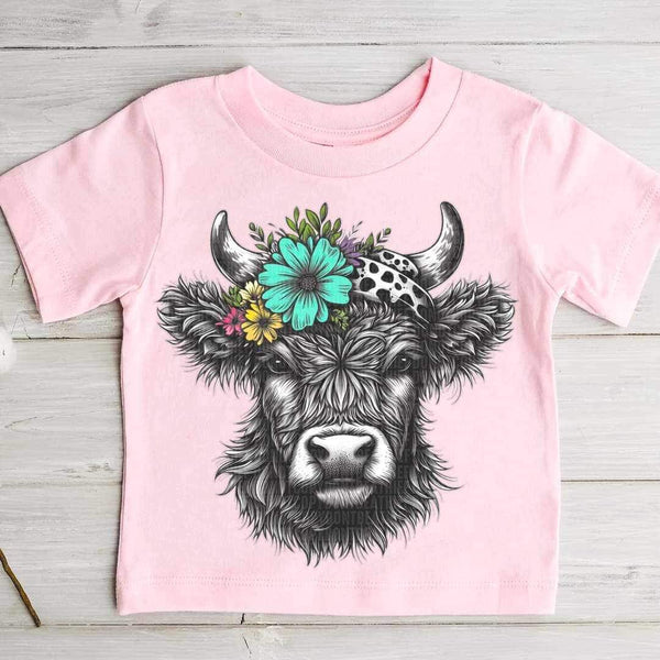 Shaggy cow BLACK colorful flowers 23231 DTF transfer