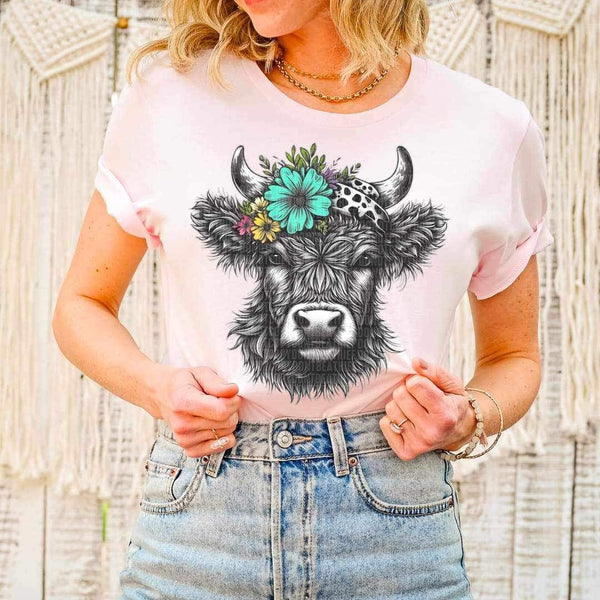 Shaggy cow BLACK colorful flowers 23231 DTF transfer